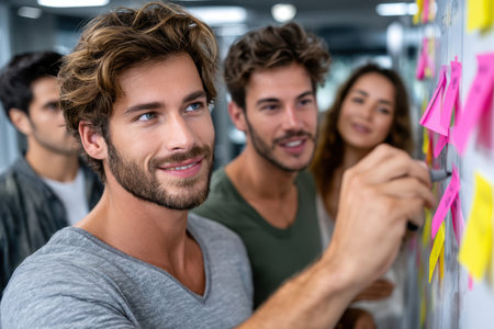 Group of young professionals engages in creative brainstorming, writing on colorful sticky notes together.の素材