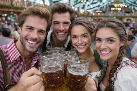 Friends enjoy a festive atmosphere while toasting with oversized beer mugs during the celebration.の素材