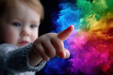 A young child reaches out to touch vibrant clouds of color, engaging in a moment of wonder and curiosity.の素材