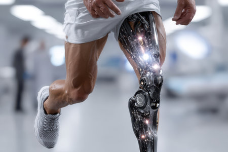 An athlete is pushing his limits while running with a mechanical leg in a high-tech training center.の素材