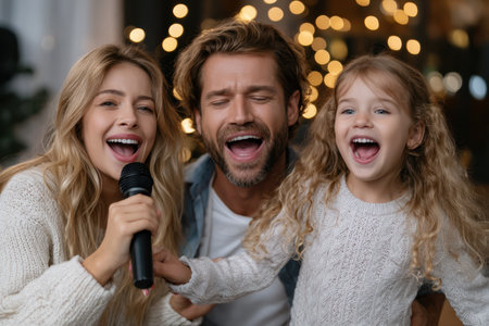 A joyful family of three shares a fun karaoke moment while surrounded by warm lights at home.の素材