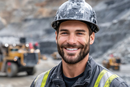 A man in a hard hat and reflective work gear smiles confidently at a mining site with heavy machinery.の素材