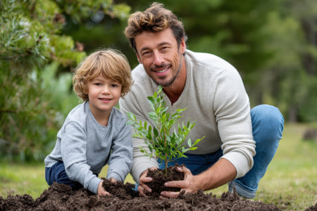 A man and a boy are joyfully planting a young tree in a lush garden, enjoying their time outdoors.の素材
