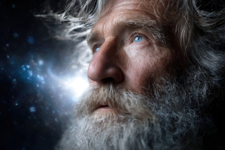 An elderly man with a long beard contemplates the universe, surrounded by a celestial background of stars and light.の素材
