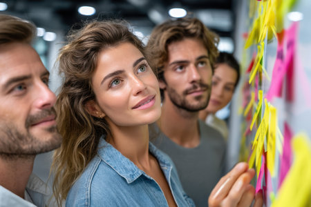 Group of professionals engages in brainstorming, reviewing colorful notes on a wall in a creative workspace.の素材
