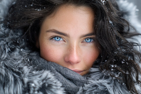 A woman with striking blue eyes and dark hair stands in a snowy environment, wrapped in a warm coat.の素材