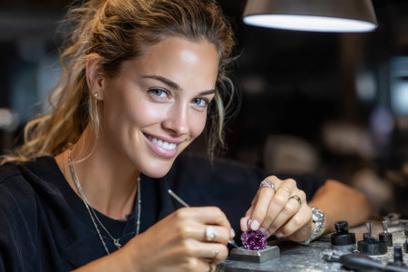 A talented gemologist focused on creating a stunning gemstone piece, showing precision and passion in her craft.の素材