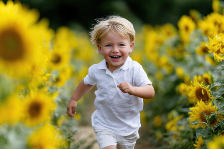 A joyful boy with blonde hair runs energetically among tall sunflowers on a bright, sunny day.の素材