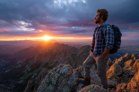 Man standing on rocky mountain top admires stunning sunset illuminating the sky and landscape.の素材