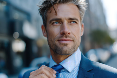 Businessman in a suit adjusts his tie, exuding confidence in a busy urban setting during daylight.の素材