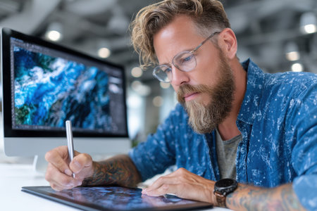 Man with glasses and a beard creates digital artwork on a tablet while focused on his work.の素材