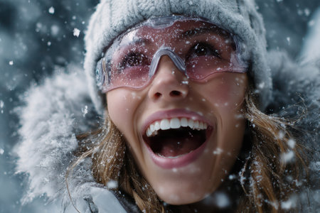 A young woman with a big smile revels in the snow, wearing winter gear and goggles while snowflakes fall around her.の素材