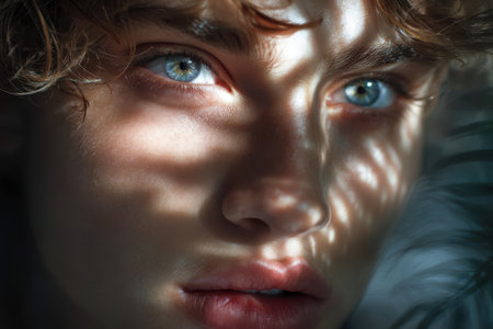 A close-up view of a person with captivating blue eyes and soft shadows cast on their face by foliage.の素材
