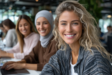 Three women are engaged in a collaborative effort in a contemporary office environment.の素材