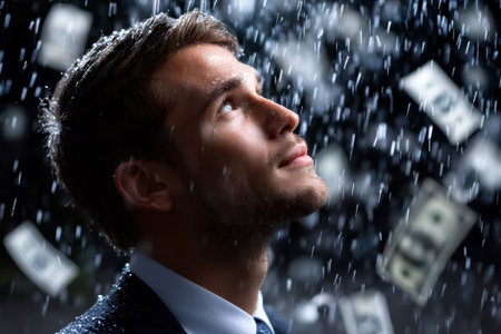 A well-dressed man stands under falling bills, looking up with a contemplative expression during a night event.の素材