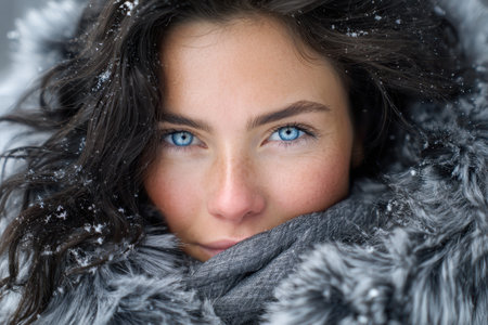 A woman with striking blue eyes and dark hair stands in a snowy environment, wrapped in a warm coat.の素材