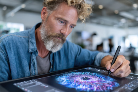 Man creates intricate digital art on a tablet in a contemporary office environment.の素材