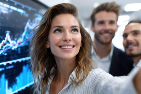 Professionals gather in an office, smiling and posing for a selfie with financial graphs in the background.の素材