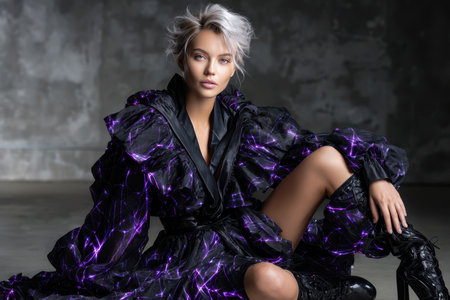 A model poses elegantly in a modern outfit featuring striking purple patterns in a dimly lit studio.の素材