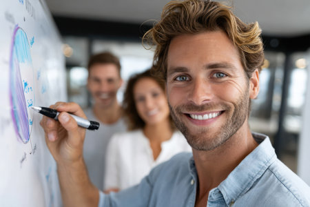 A group of three colleagues actively collaborating at a whiteboard, sharing ideas and creativity during work.の素材
