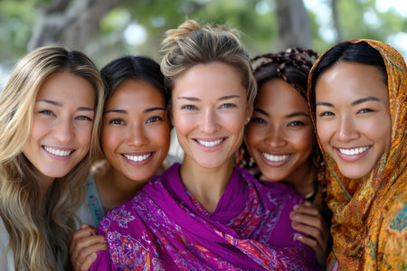 Five women pose happily, showcasing diverse styles and bright colors under natural sunlight in a joyful atmosphere.の素材