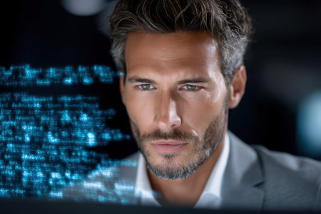 A man with a serious expression studies computer code in a dimly lit office, emphasizing his focus on work.の素材