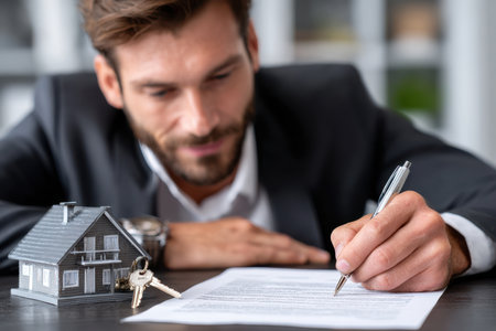 Professional man in a suit signs paperwork related to acquiring a new house, highlighting real estate activities.の素材