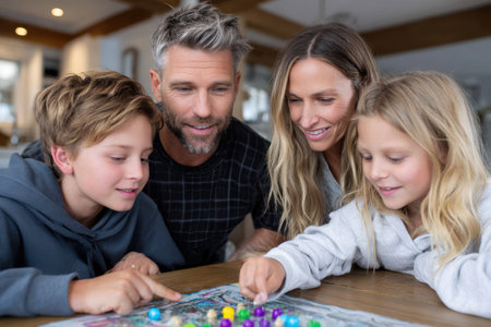Family members gather around a table to play a board game, sharing fun and laughter in a warm indoor setting.の素材