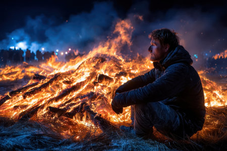A man is sitting near a huge bonfire surrounded by glowing flames and a crowd at night.の素材