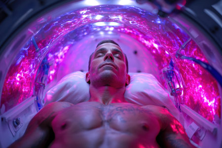 A man reclines in a glowing chamber, receiving treatment for wellness and relaxation, surrounded by vibrant lights.の素材