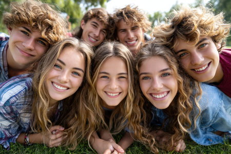 Young friends gather together, laughing and smiling in a lush green park on a bright sunny day.の素材