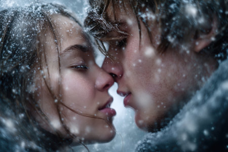 Two lovers are close together, sharing a tender moment as snowflakes gently fall around them in winter.の素材