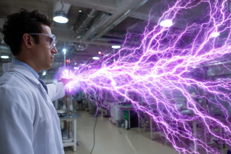 A scientist in a lab coat generates electrical energy with her hand in a modern lab.の写真素材