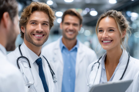 Two doctors share smiles while discussing patient care in a contemporary healthcare facility, fostering teamwork.の写真素材