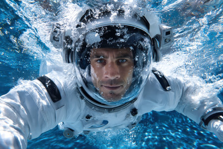 An astronaut is submerged in water, practicing movements and techniques for space mission scenarios.の写真素材