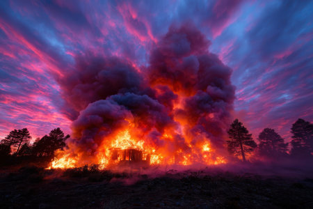 Flames and smoke fill the sky as a house burns fiercely, illuminated by a colorful sunset backdrop.の写真素材