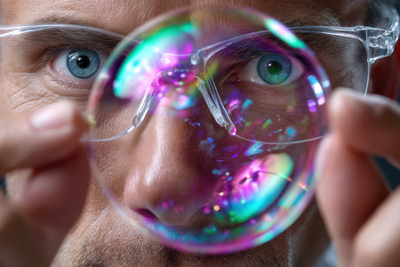 A person in safety goggles closely observes a soap bubble reflecting vibrant colors in a lab environment.の写真素材