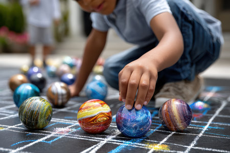 Young child carefully selects a vibrant, painted ball while playing on a patterned surface outdoors.の写真素材