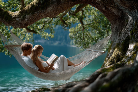 A couple enjoys reading in a hammock suspended from a tree by a serene lake on a sunny day.の写真素材
