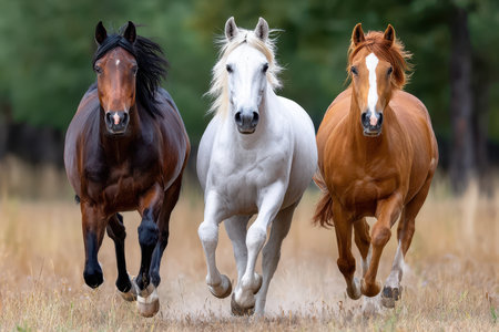 Three horses of different colors gallop through a dry fieldの写真素材