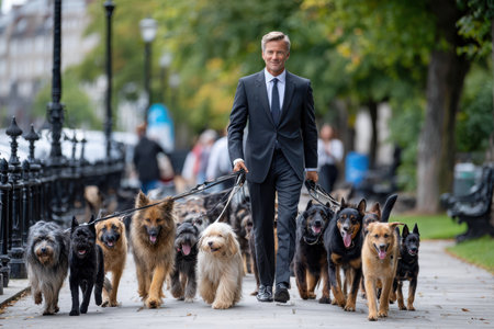 A dog walker in a suit walks multiple dogs of various breeds along a park path during autumn.の写真素材