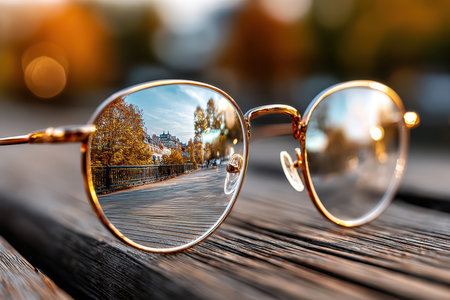 Golden glasses rest on a wooden surface, showing a vibrant autumn park with trees and a walkway.の写真素材
