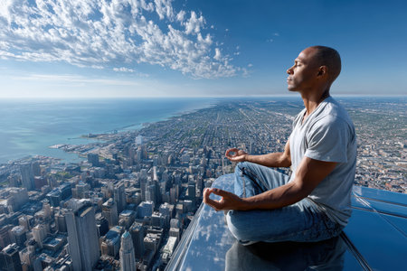 A man sits cross-legged on a skyscraper ledge, meditating while overlooking the expansive skyline.の写真素材