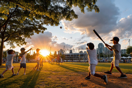 Kids are playing baseball at a city park during sunset, creating a joyful and lively atmosphere.の写真素材