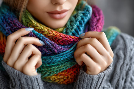 A young woman gently touches her vibrant knitted scarf while relaxing indoors on a cool autumn day.の写真素材