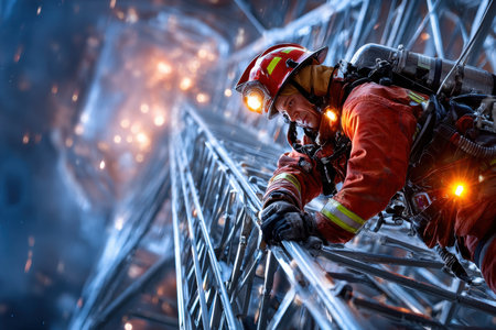 A firefighter climbs a ladder at a fire sceneの写真素材