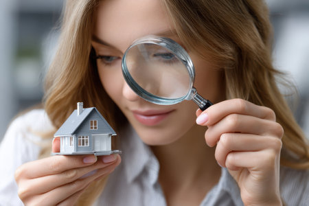 A young woman examines a small model house closely with a magnifying glass in a modern indoor environment.の写真素材