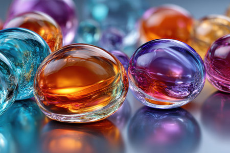 Colorful glass spheres arranged on a reflective surfaceの写真素材
