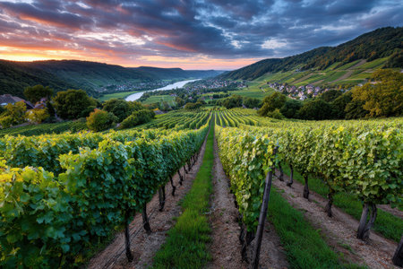 Vineyards stretch across a valley at sunset, next to a riverの写真素材