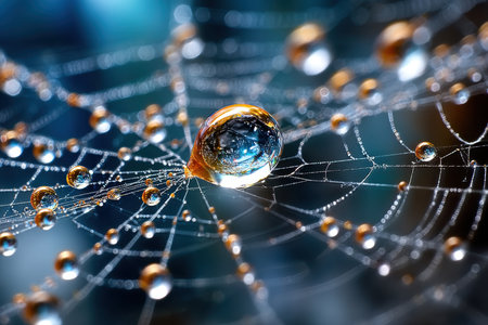 A spider web with water droplets glistening in golden and blue lightの写真素材